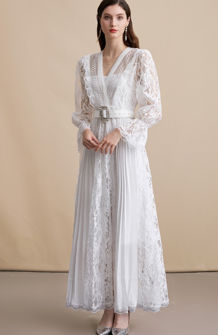 Temperament with belt pinched waist lace slim dress