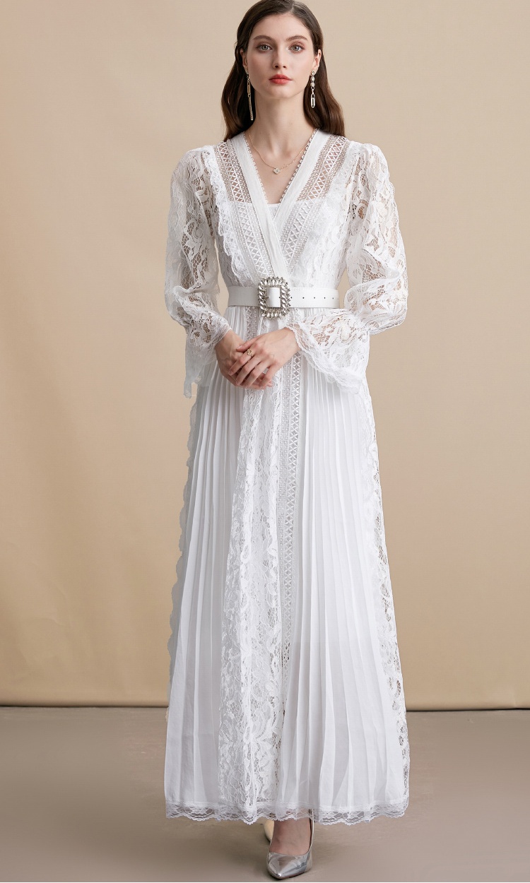 Temperament with belt pinched waist lace slim dress