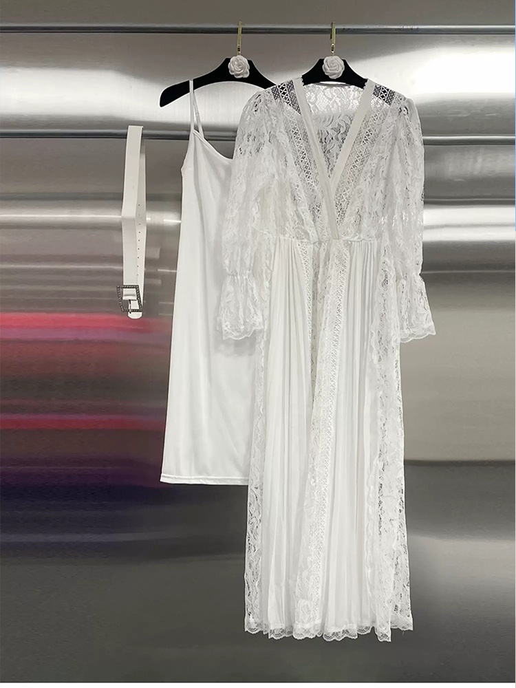 Temperament with belt pinched waist lace slim dress