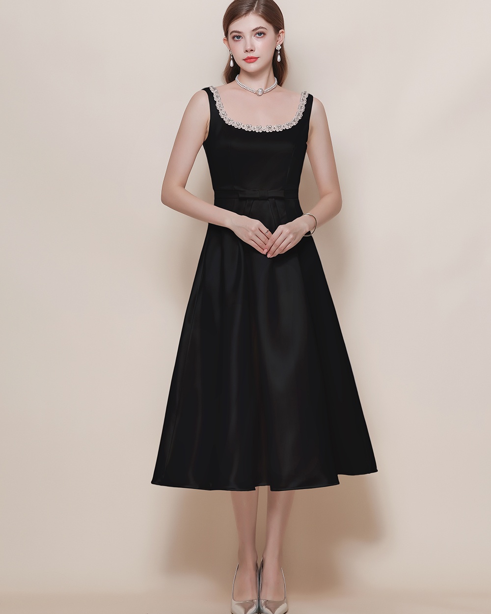 Temperament elegant pinched waist sling dress