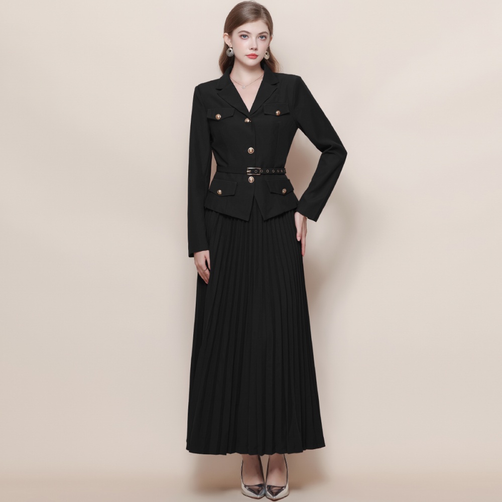 France style crimp dress with belt temperament coat a set