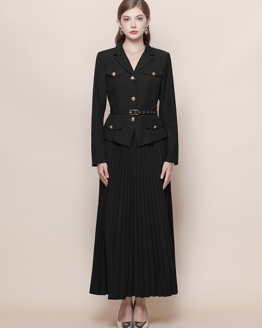 France style crimp dress with belt temperament coat a set