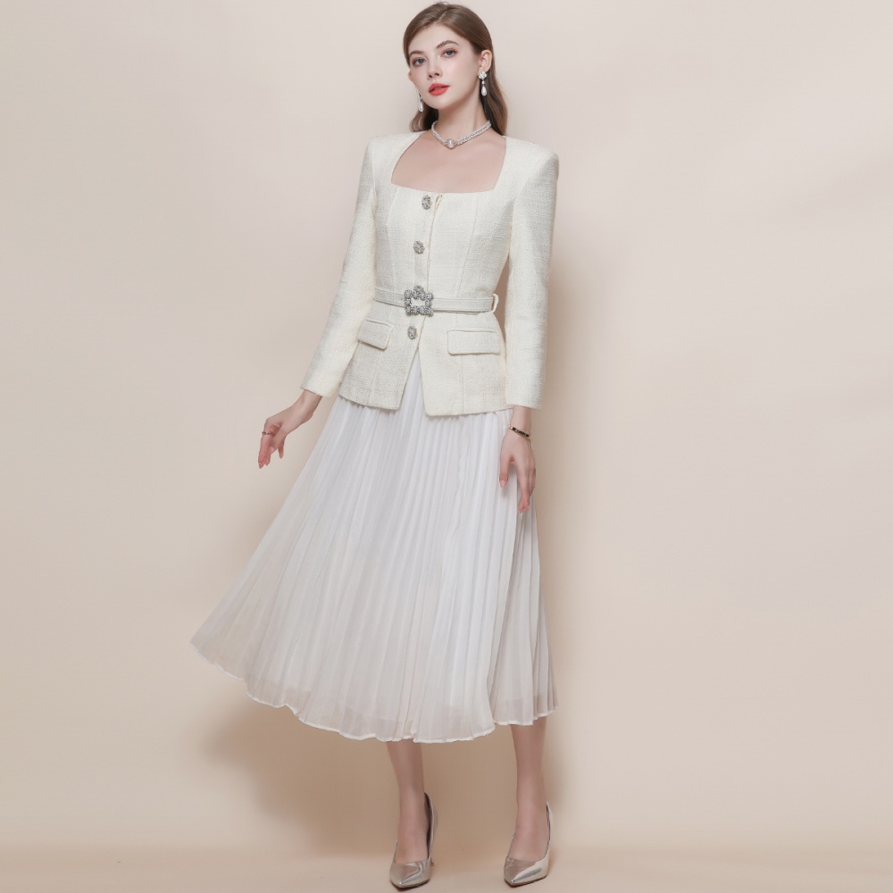 Pleated chiffon long dress with belt dress