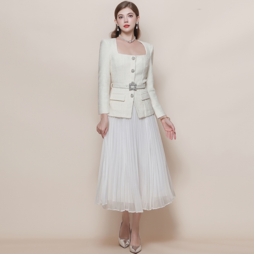 Pleated chiffon long dress with belt dress