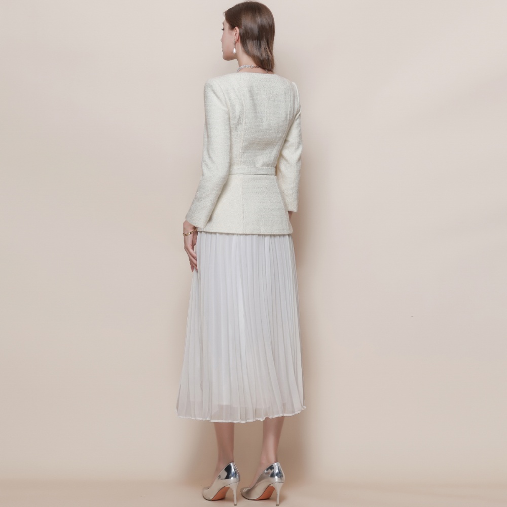 Pleated chiffon long dress with belt dress