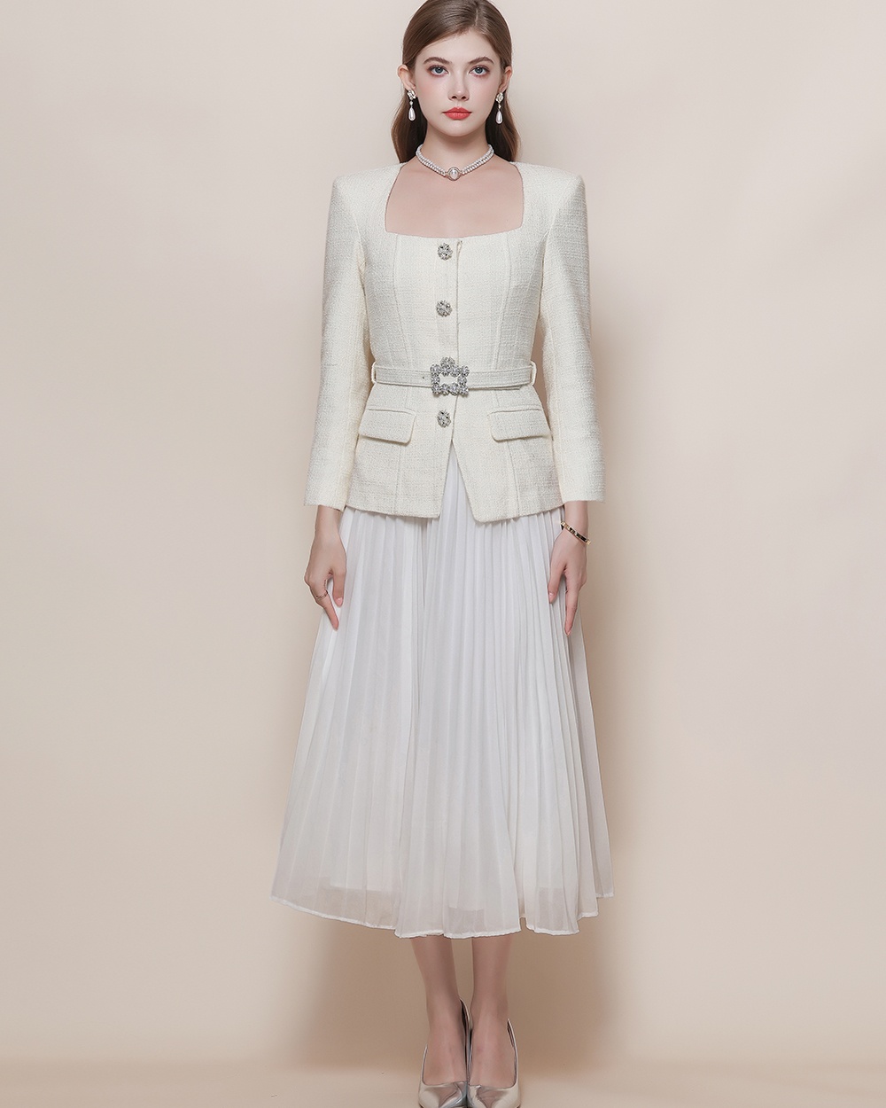 Pleated chiffon long dress with belt dress