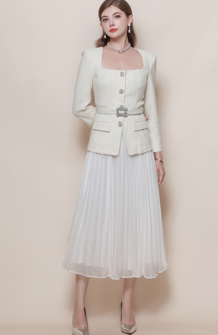 Pleated chiffon long dress with belt dress