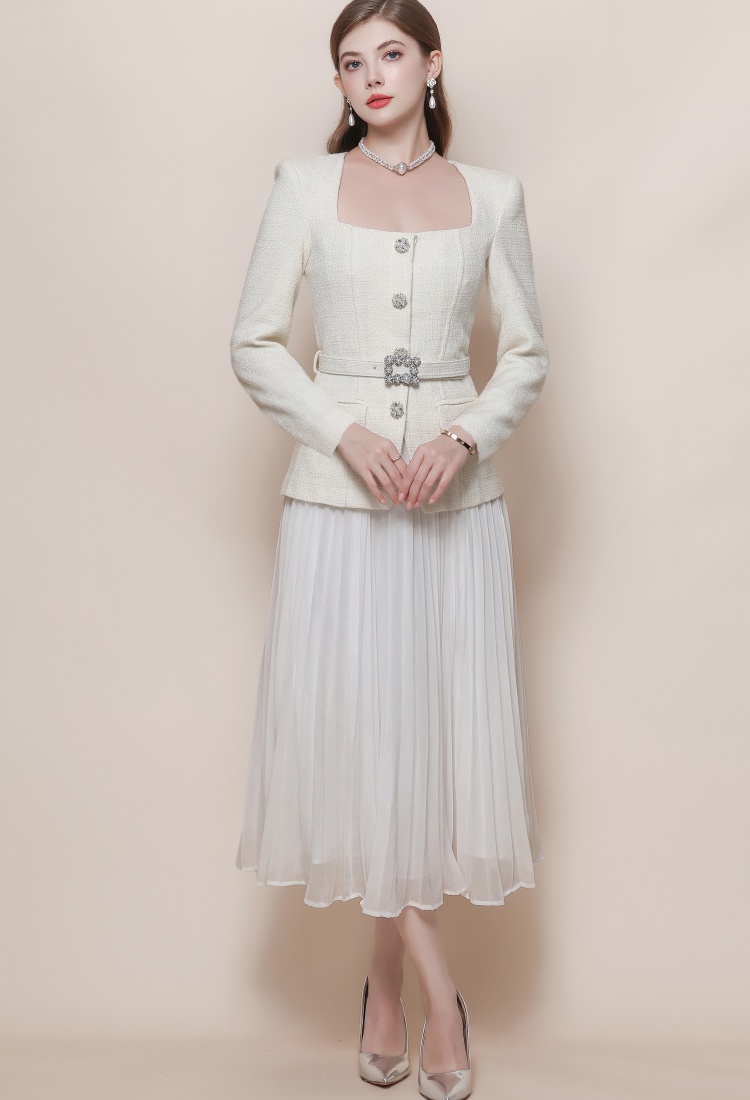 Pleated chiffon long dress with belt dress