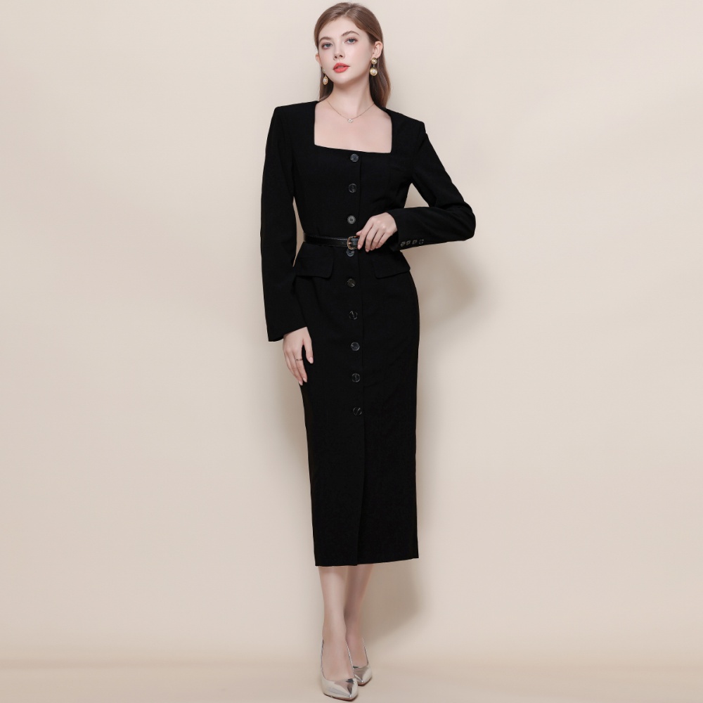 Slim black dress long sleeve square collar long dress
