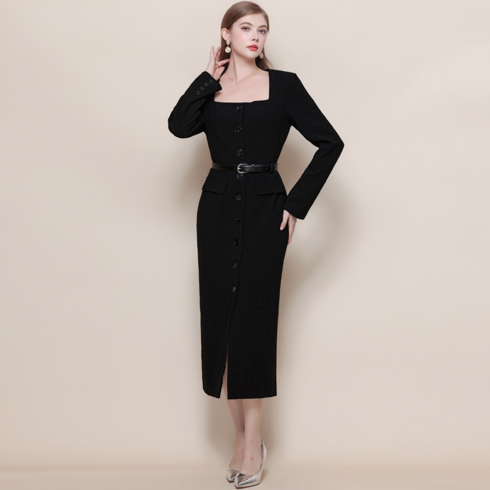 Slim black dress long sleeve square collar long dress