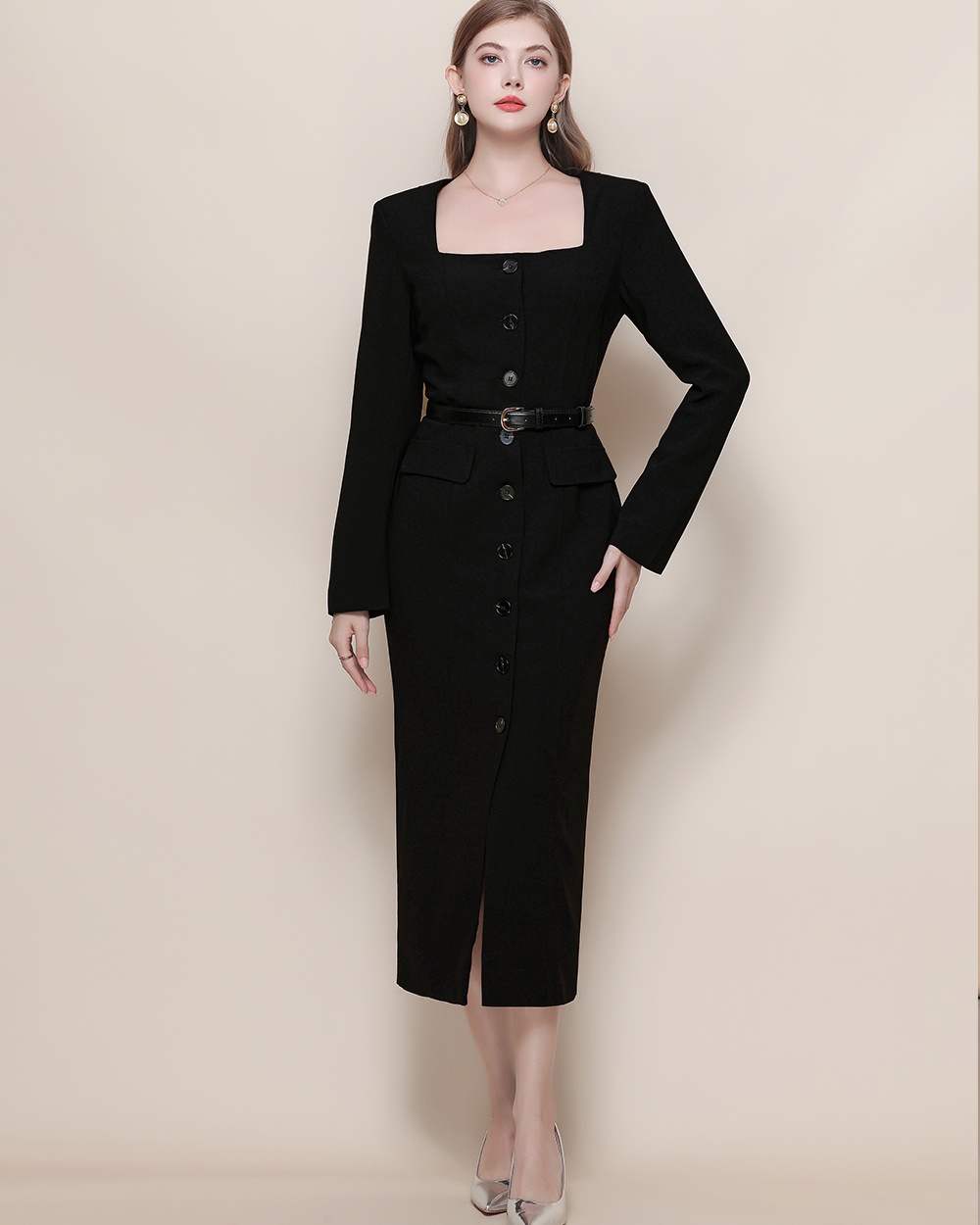 Slim black dress long sleeve square collar long dress