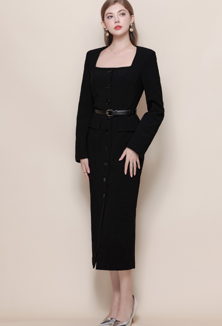 Slim black dress long sleeve square collar long dress