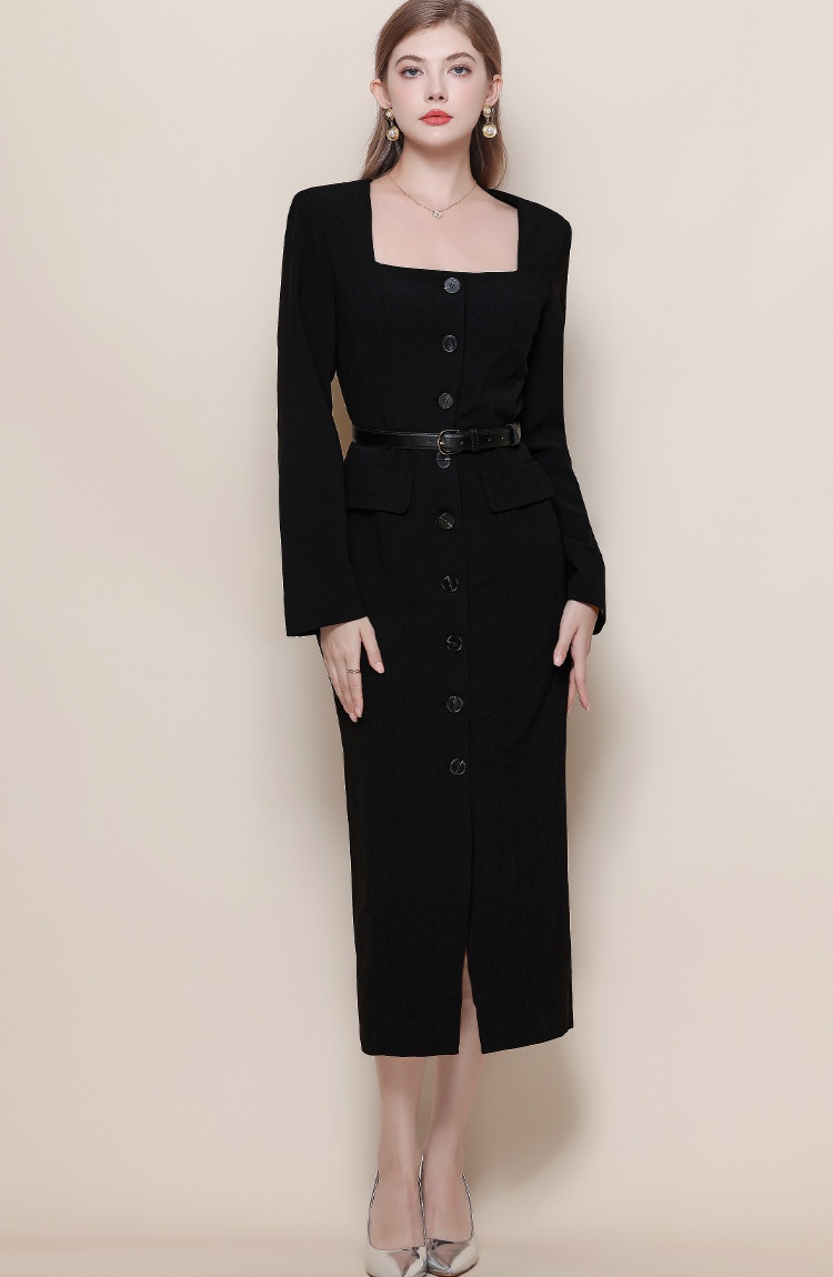 Slim black dress long sleeve square collar long dress