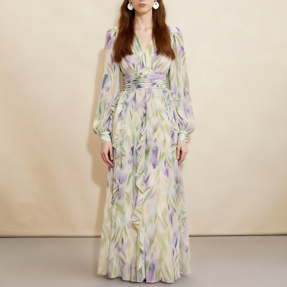 Big skirt printing slim dress temperament V-neck long dress