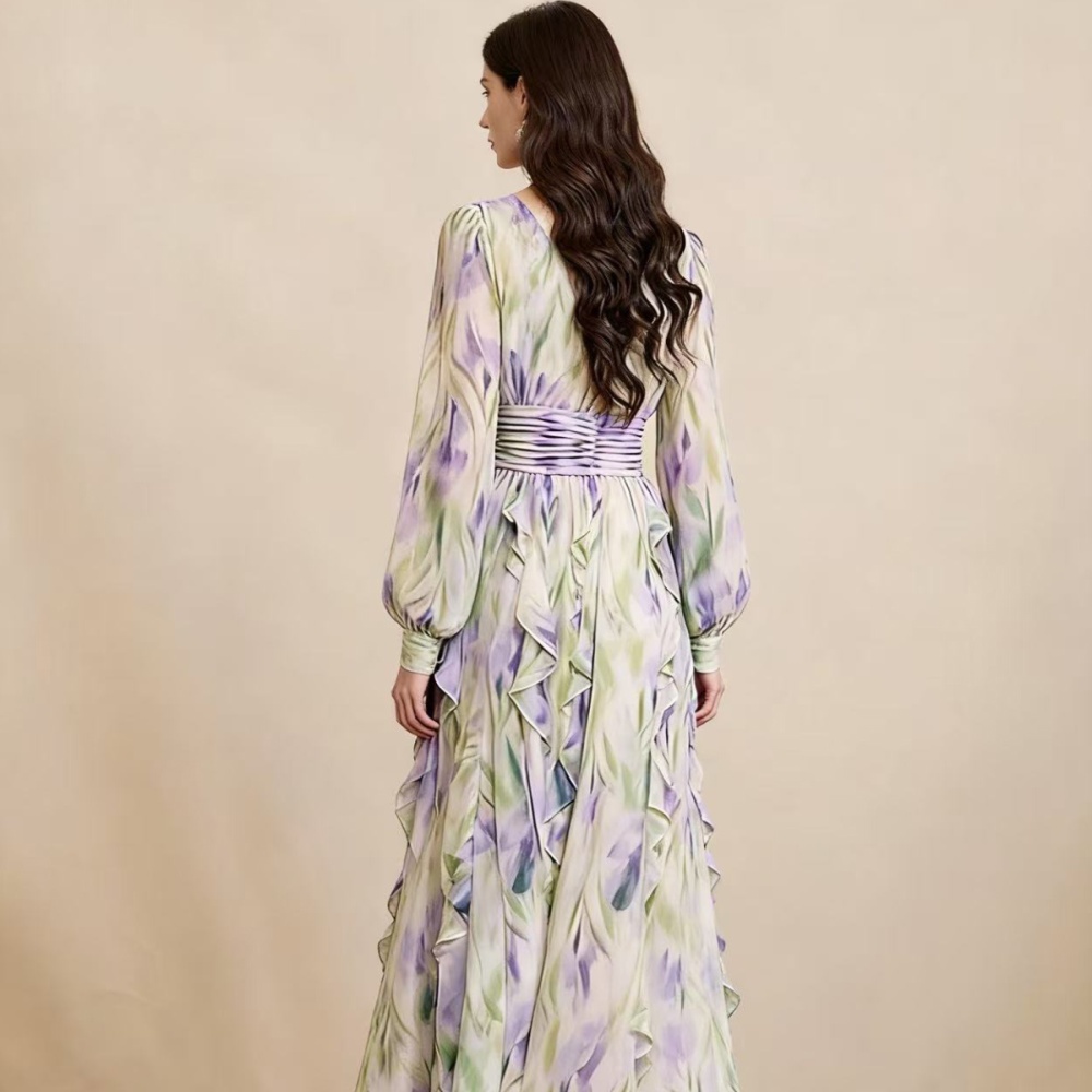 Big skirt printing slim dress temperament V-neck long dress