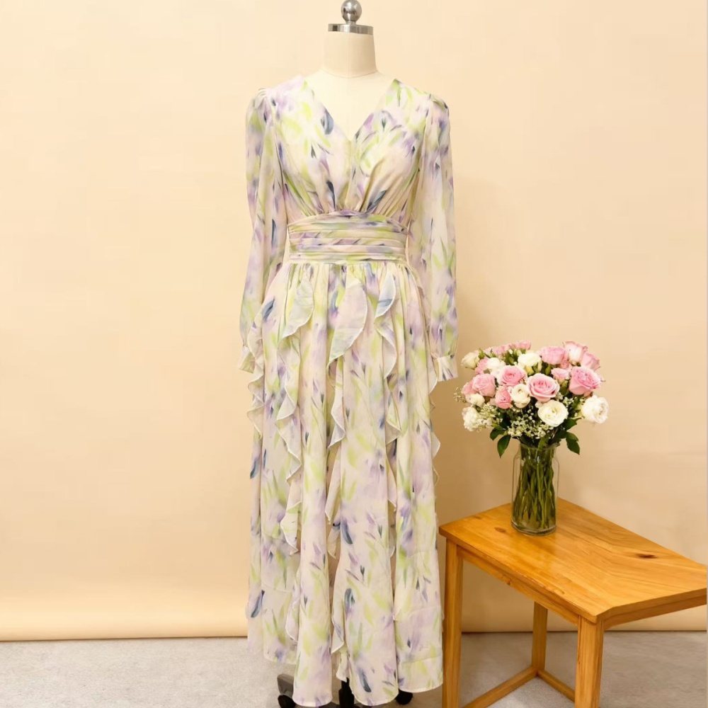 Big skirt printing slim dress temperament V-neck long dress