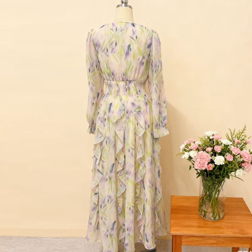 Big skirt printing slim dress temperament V-neck long dress