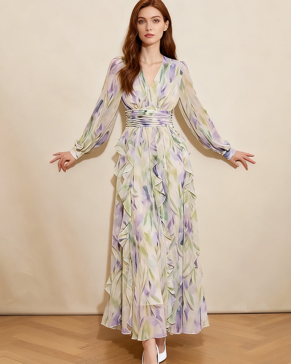 Big skirt printing slim dress temperament V-neck long dress