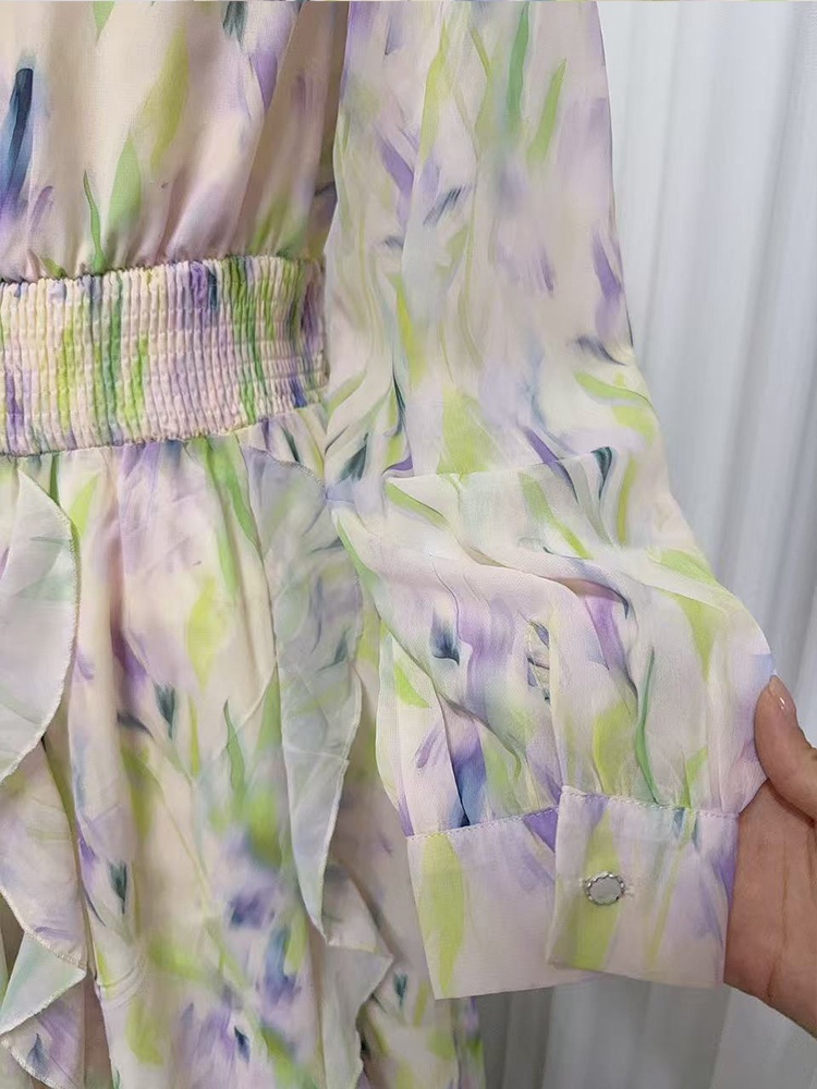 Big skirt printing slim dress temperament V-neck long dress