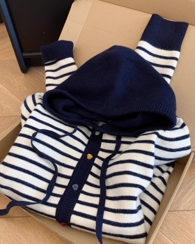Mixed colors buckle coat stripe lazy sweater for women