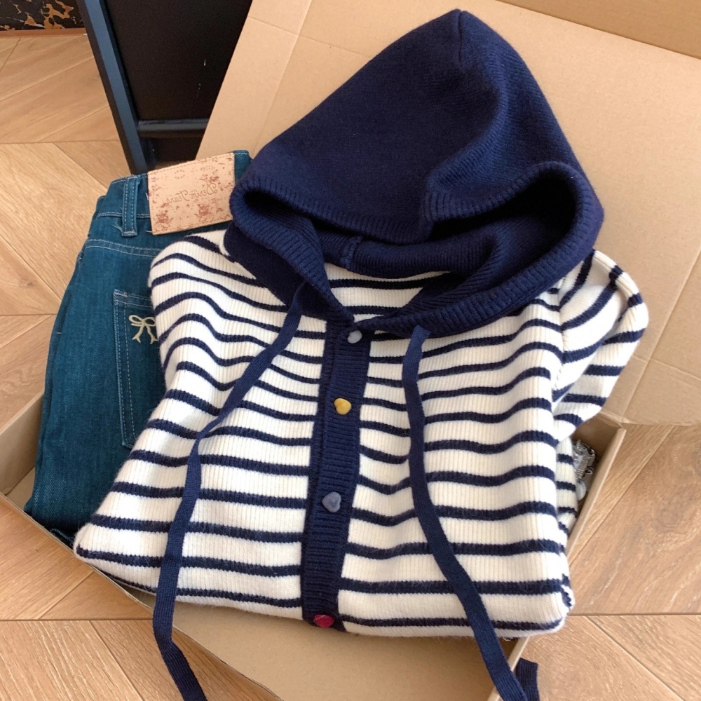 Mixed colors buckle coat stripe lazy sweater for women
