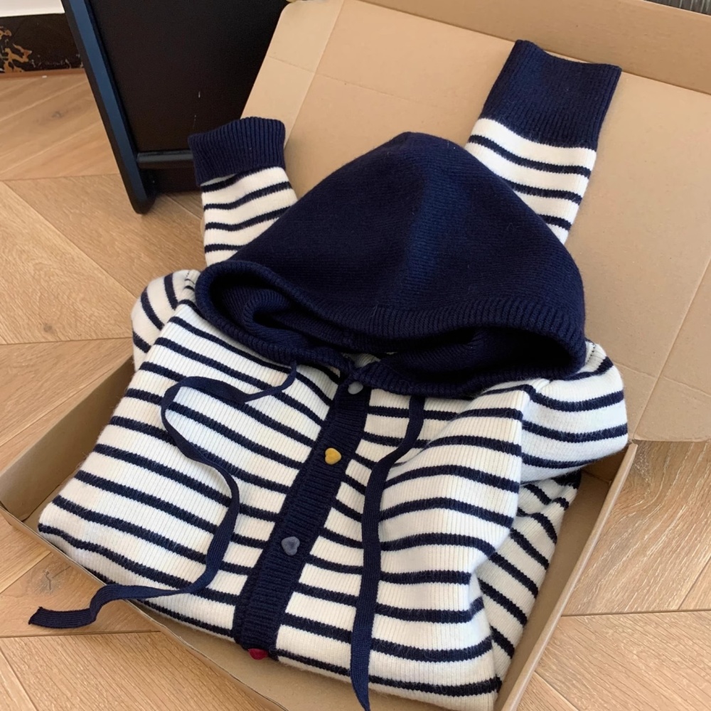 Mixed colors buckle coat stripe lazy sweater for women