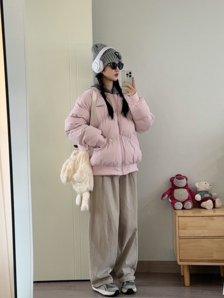 All-match pink coat American style loose cotton coat for women