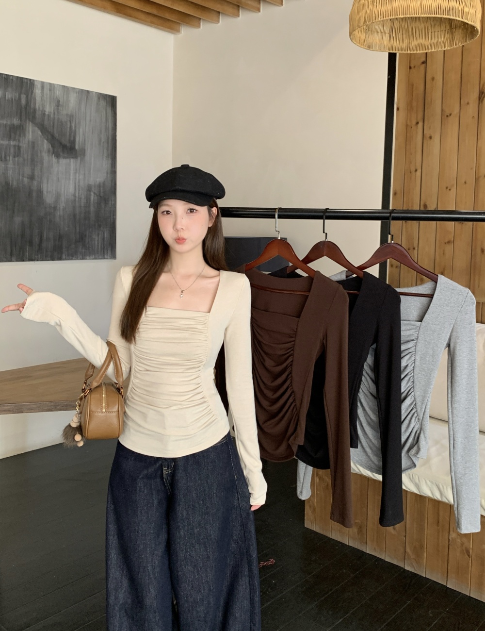 Pinched waist bottoming shirt square collar T-shirt