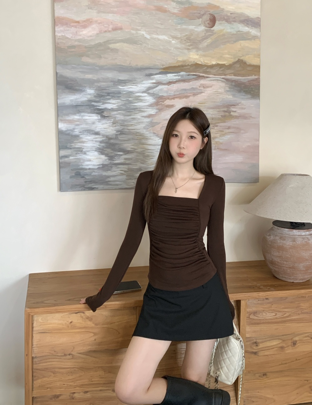 Pinched waist bottoming shirt square collar T-shirt