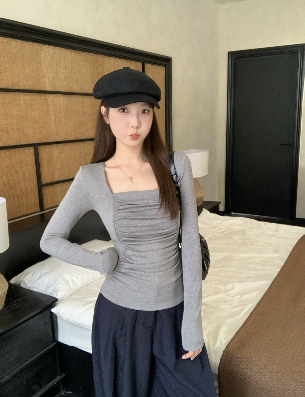 Pinched waist bottoming shirt square collar T-shirt