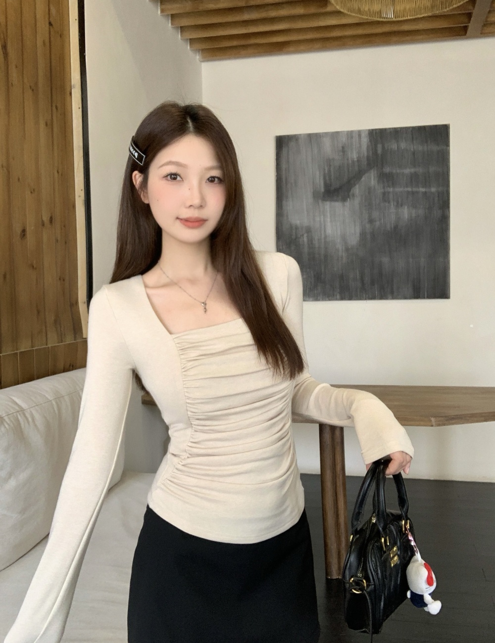 Pinched waist bottoming shirt square collar T-shirt