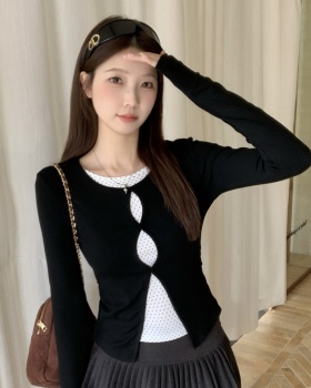 Slim long sleeve autumn tops Pseudo-two hollow T-shirt