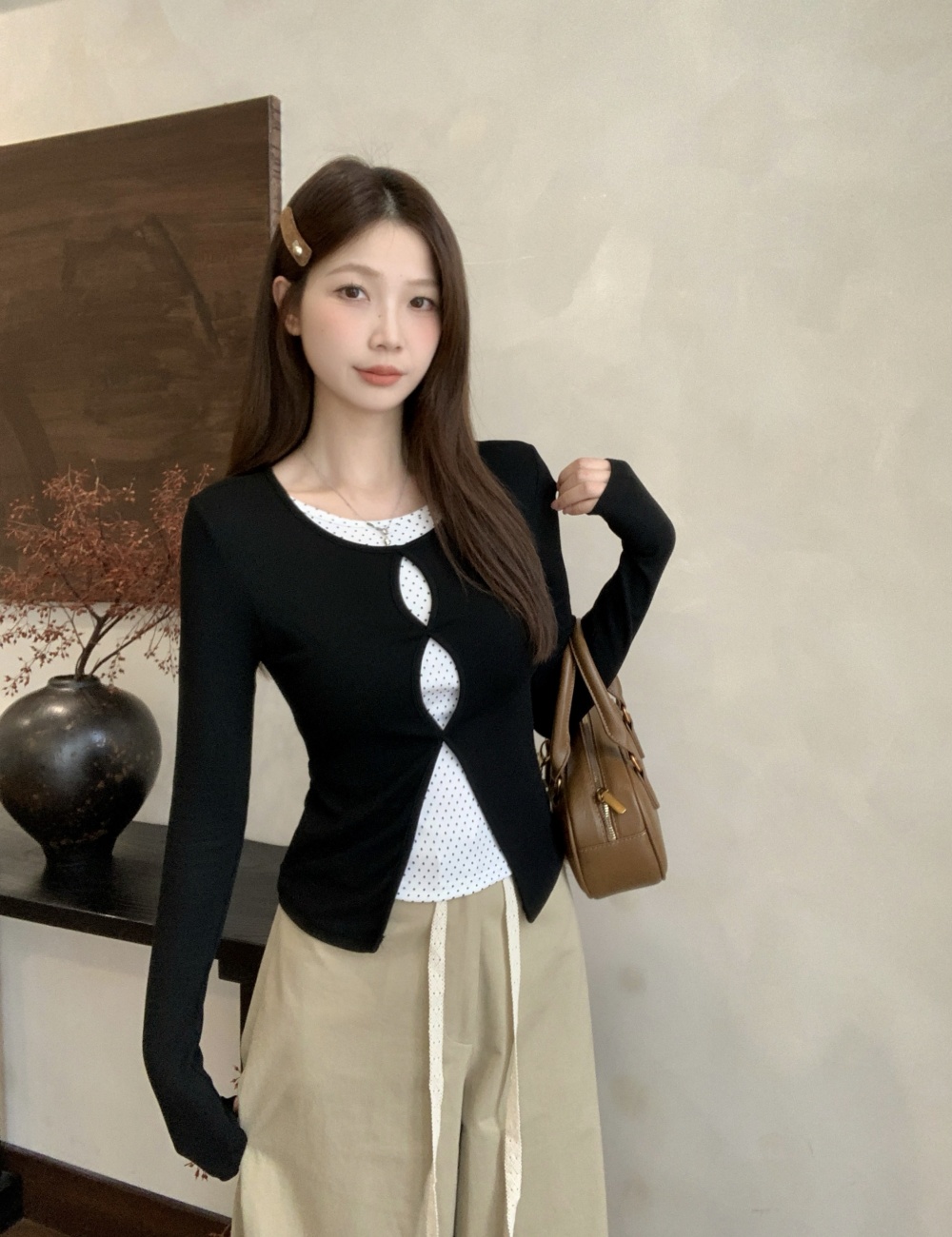 Slim long sleeve autumn tops Pseudo-two hollow T-shirt