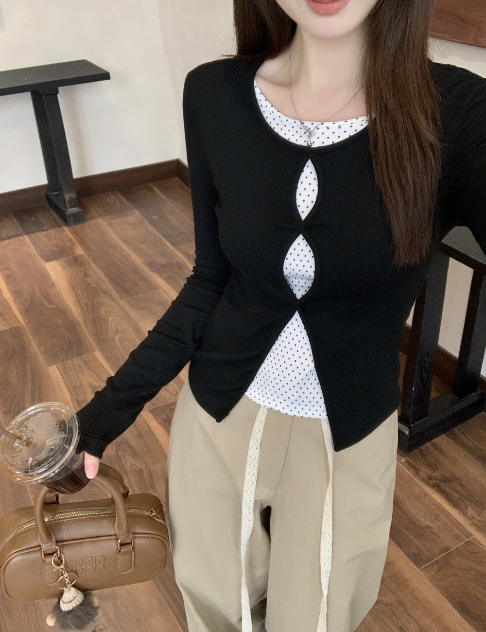 Slim long sleeve autumn tops Pseudo-two hollow T-shirt