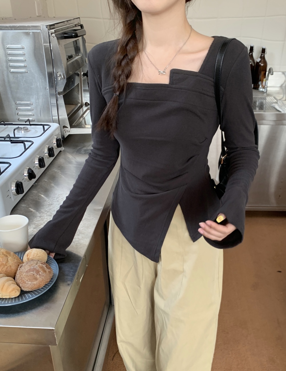 Long sleeve fold large yard T-shirt autumn irregular tops