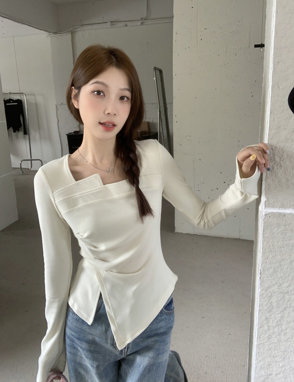 Long sleeve fold large yard T-shirt autumn irregular tops