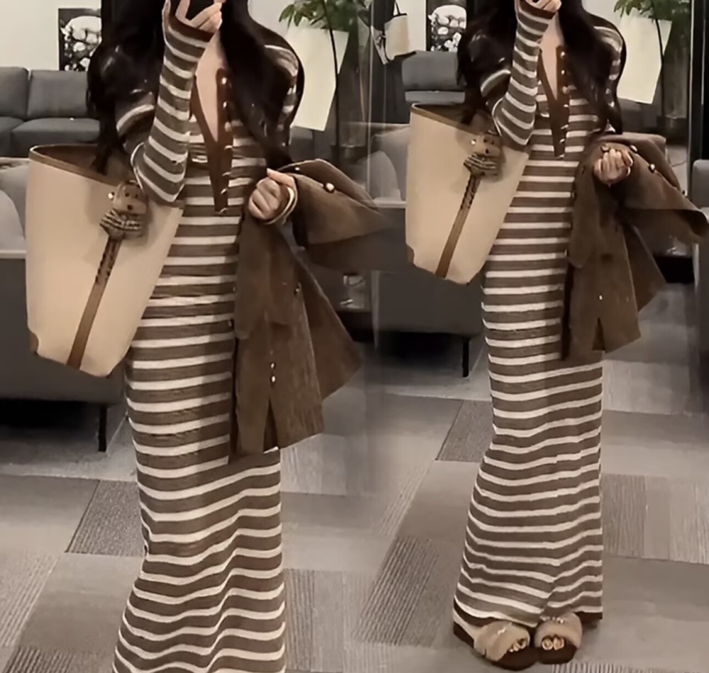 Package hip stripe long dress slim long sleeve dress