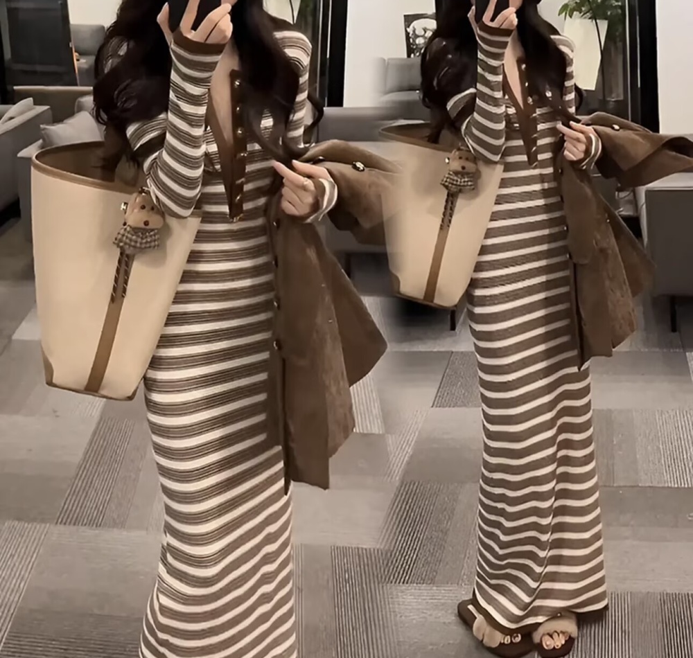 Package hip stripe long dress slim long sleeve dress