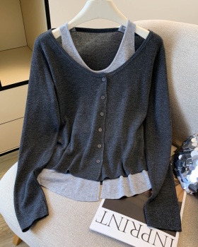 Pseudo-two mixed colors tops slim sweater for women