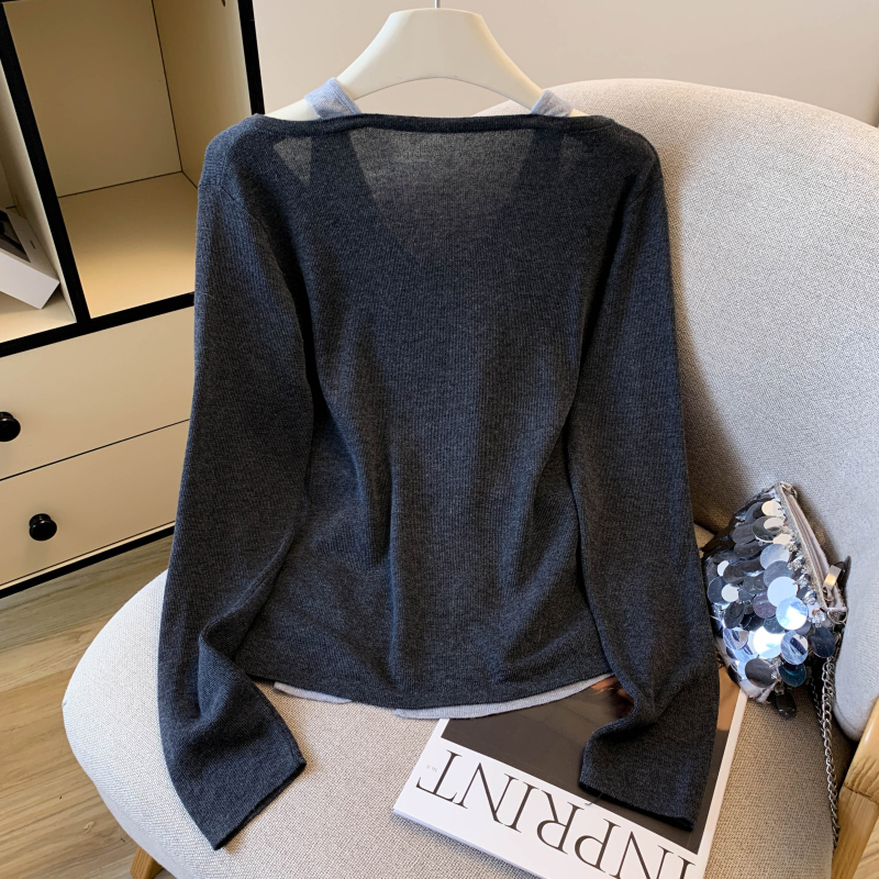 Pseudo-two mixed colors tops slim sweater for women