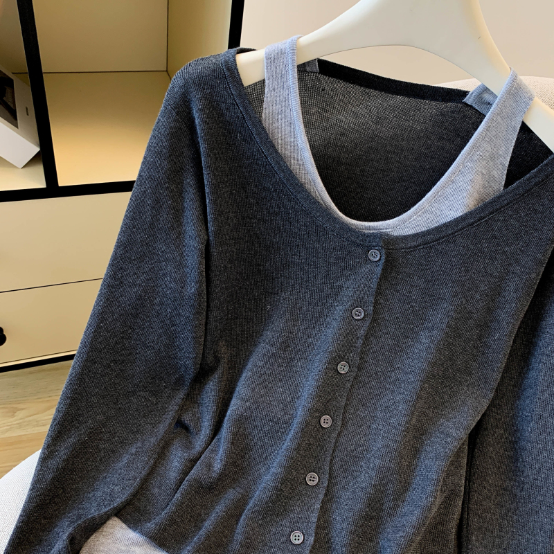 Pseudo-two mixed colors tops slim sweater for women
