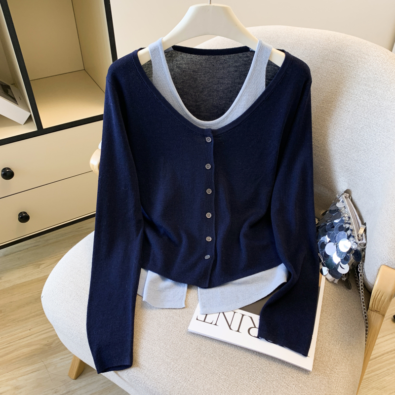 Pseudo-two mixed colors tops slim sweater for women