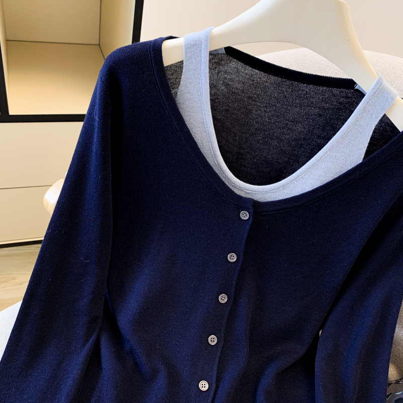 Pseudo-two mixed colors tops slim sweater for women