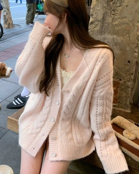 Loose twist knitted cardigan pink heart tops for women