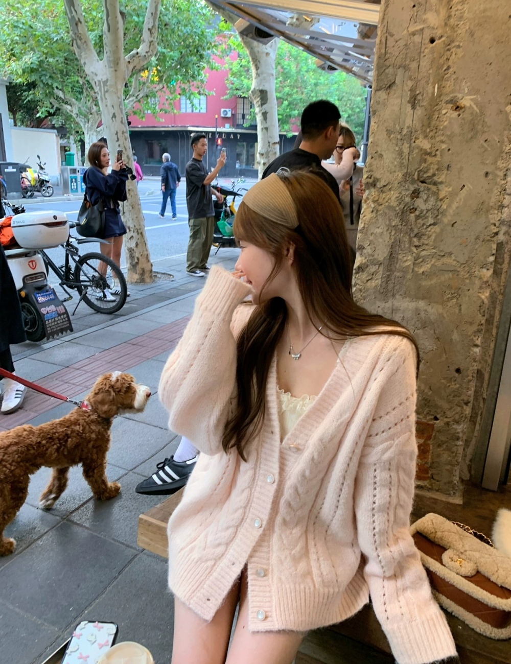 Loose twist knitted cardigan pink heart tops for women