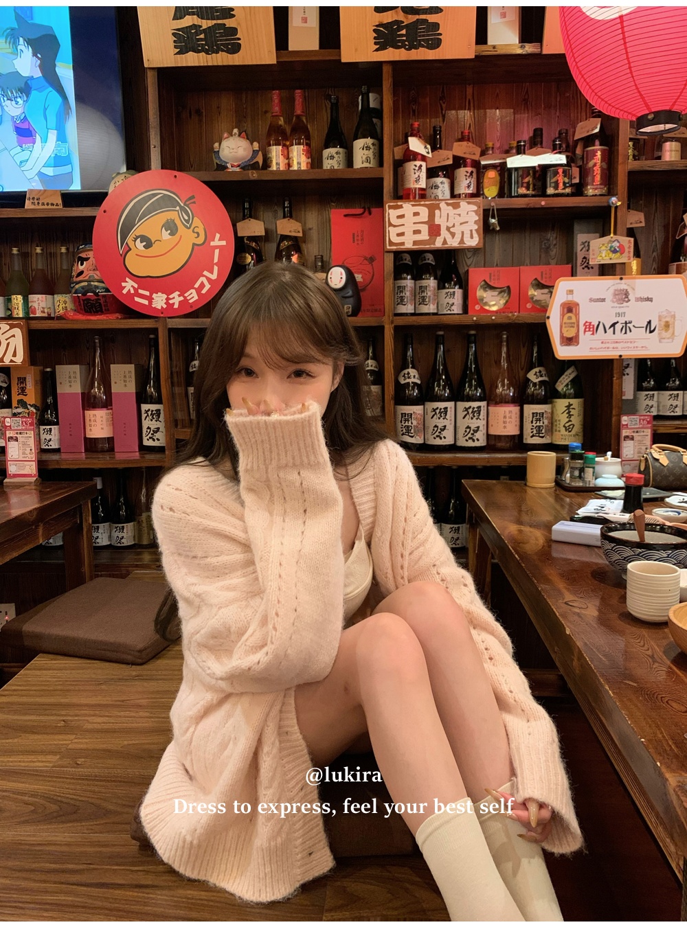 Loose twist knitted cardigan pink heart tops for women