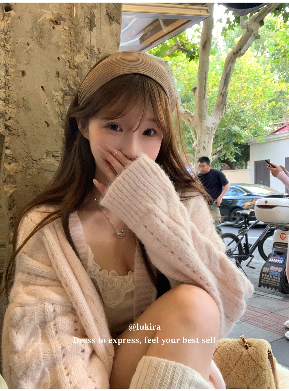 Loose twist knitted cardigan pink heart tops for women