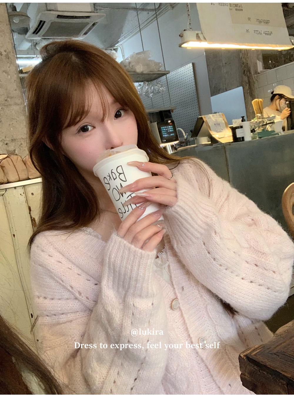 Loose twist knitted cardigan pink heart tops for women