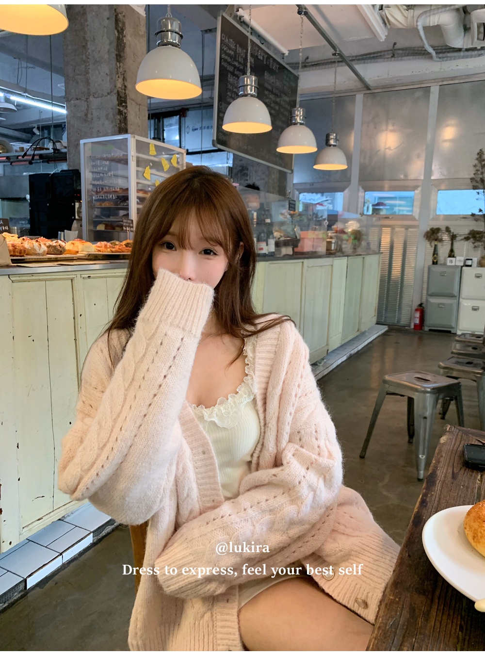 Loose twist knitted cardigan pink heart tops for women