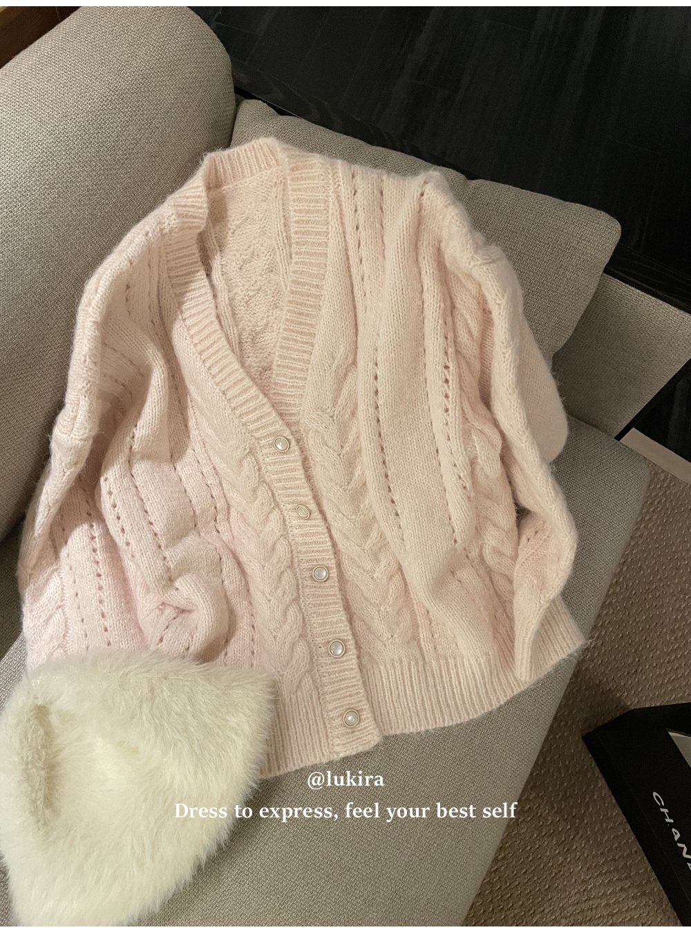 Loose twist knitted cardigan pink heart tops for women